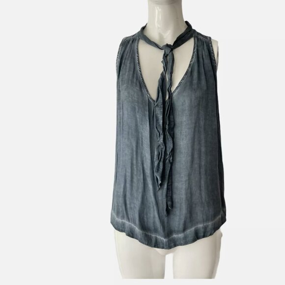 Free People Denim Blue Gray color High Low Tie Neck Sleeveless V-Neck Tank Sz XS - Picture 1 of 9